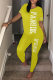 Yellow Casual Patchwork Letter O Neck Short Sleeve Two Pieces