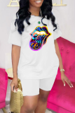 Red Fashion Lips Printed Patchwork O Neck Short Sleeve Two Pieces