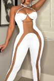 White Sexy Solid Split Joint See-through Asymmetrical Collar Skinny Jumpsuits