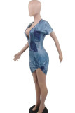 Blue Casual Street Print Patchwork V Neck Straight Dresses