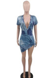 Blue Casual Street Print Patchwork V Neck Straight Dresses