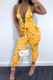 Yellow Sexy Print Hollowed Out Halter Skinny Jumpsuits