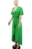 Green Casual Solid Split Joint Asymmetrical V Neck Straight Dresses