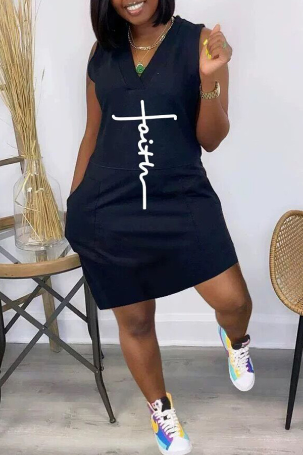 Black Fashion Casual Print Patchwork V Neck Sleeveless Dress