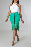 Green Sexy Solid Tassel Split Joint Backless Halter Sleeveless Two Pieces
