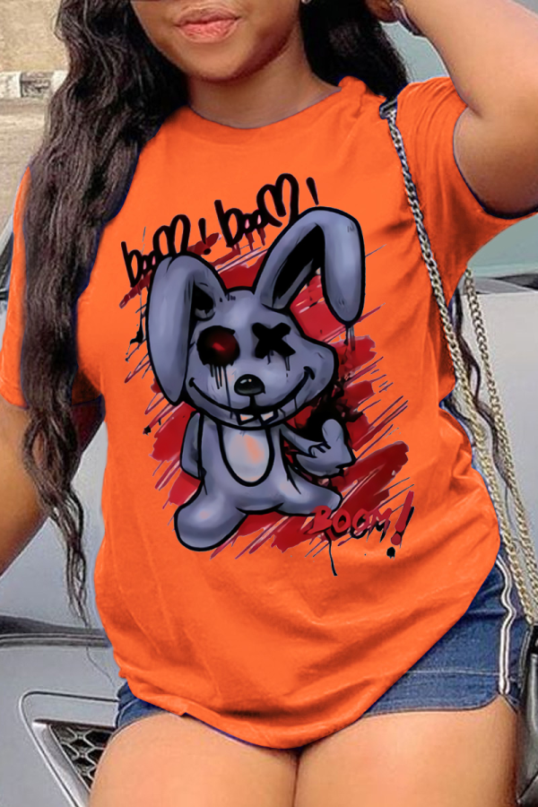 Orange Fashion Vintage Print Patchwork O Neck T-Shirts