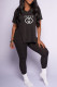 Black Fashion Casual Print Letter V Neck Short Sleeve Two Pieces