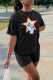 Black Fashion Print Patchwork O Neck Short Sleeve Two Pieces