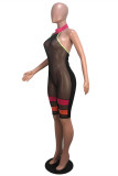 Black Fashion Sexy Patchwork See-through Backless Halter Skinny Romper
