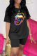 Black Fashion Lips Printed Patchwork O Neck Short Sleeve Two Pieces