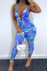 Royal Blue Sexy Print Hollowed Out Halter Skinny Jumpsuits