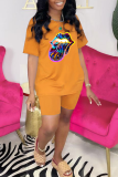 Red Fashion Lips Printed Patchwork O Neck Short Sleeve Two Pieces