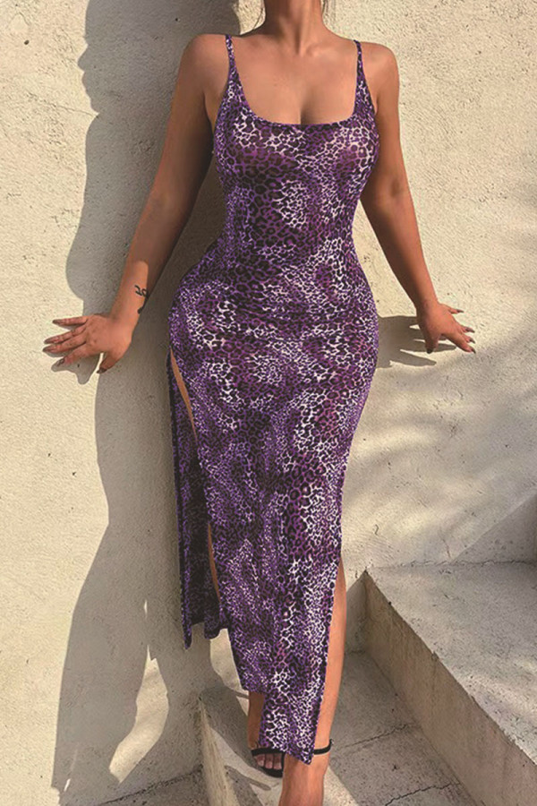 Purple Sexy Print Leopard Split Joint Slit Spaghetti Strap Straight Dresses