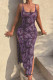 Purple Sexy Print Leopard Patchwork Slit Spaghetti Strap Straight Dresses