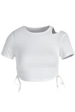 White Casual Solid Hollowed Out Patchwork O Neck T-Shirts
