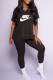 Black Fashion Casual Print Letter V Neck Short Sleeve Two Pieces
