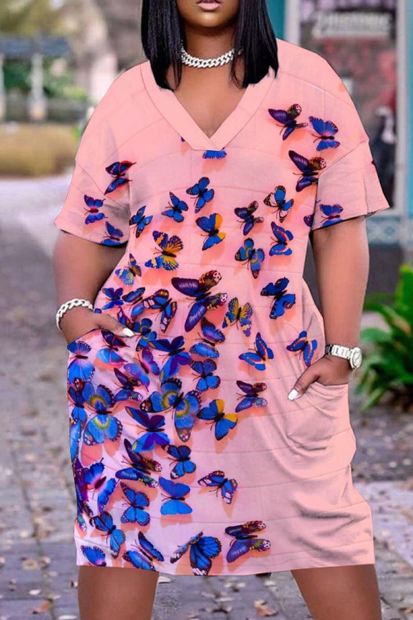 Pink Plus Size Fashion Butterfly Print Pocket V Neck Straight Dresses