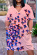 Pink Plus Size Fashion Butterfly Print Pocket V Neck Straight Dresses