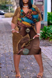 White Plus Size Fashion Print Pocket V Neck Straight Dresses