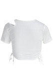 White Casual Solid Hollowed Out Patchwork O Neck T-Shirts