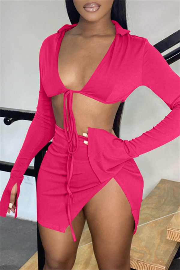 Rose Red Fashion Sexy Solid Bandage Slit V Neck Long Sleeve Two Pieces