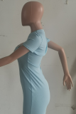 Pink Sexy Solid Hollowed Out O Neck Pencil Skirt Dresses