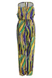 Red Sexy Print Hollowed Out Patchwork Slit O Neck Straight Jumpsuits