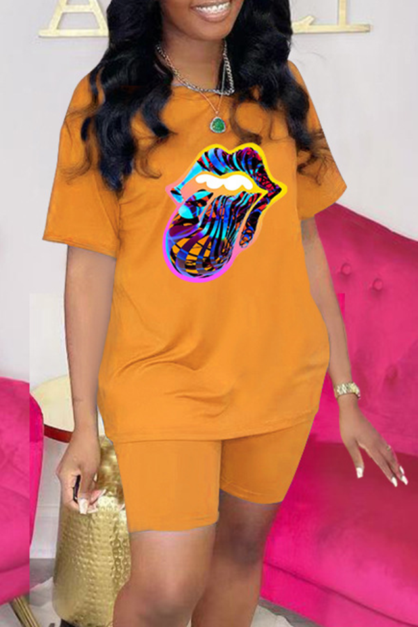 Orange Fashion Lips Printed Patchwork O Neck Short Sleeve Two Pieces