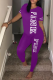 Purple Casual Patchwork Letter O Neck Short Sleeve Two Pieces