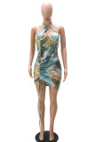 Blue Sexy Print Patchwork Halter Pencil Skirt Dresses