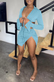 Sky Blue Fashion Sexy Solid Bandage Slit V Neck Long Sleeve Two Pieces