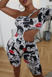 White Sexy Street Print Hollowed Out Patchwork Asymmetrical Oblique Collar Jumpsuits