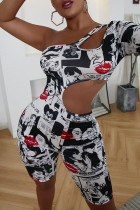 White Sexy Street Print Hollowed Out Split Joint Asymmetrical Oblique Collar Jumpsuits