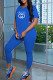 Blue Fashion Casual Print Letter V Neck Short Sleeve Two Pieces