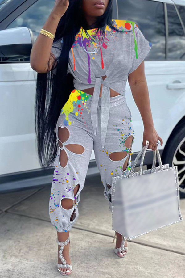 Grey Fashion Casual Print Bandage Hollowed Out O Neck Short Sleeve Two Pieces