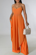 Tangerine Casual Solid Split Joint Asymmetrical Spaghetti Strap Sleeveless Two Pieces