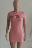 Pink Sexy Solid Hollowed Out O Neck Pencil Skirt Dresses