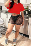Red Sexy Solid Patchwork O Neck Short Sleeve Two Pieces