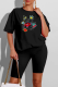 Black Casual Lips Printed Patchwork O Neck Short Sleeve Two Pieces
