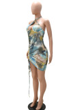 Blue Sexy Print Patchwork Halter Pencil Skirt Dresses