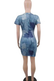 Blue Casual Street Print Patchwork V Neck Straight Dresses