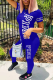 Blue Casual Patchwork Letter O Neck Short Sleeve Two Pieces