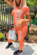 Tangerine Red Casual Patchwork Letter O Neck Short Sleeve Two Pieces