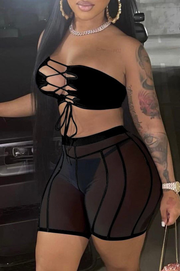 Black Fashion Sexy Solid Patchwork Backless Strapless Sleeveless Two Pieces