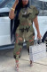 Green Casual Print Camouflage Print Hollowed Out Patchwork O Neck Short Sleeve Two Pieces