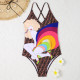 Coffee Fashion Sexy Print Backless Swimwears
