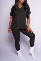 Black Casual Solid Split Joint Slit V Neck Short Sleeve Two Pieces