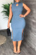 Blue Elegant Solid Hollowed Out Patchwork Slit O Neck One Step Skirt Dresses
