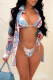 Light Blue Sexy Print Patchwork Buckle Swimwears Three Pieces