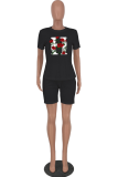 Red Fashion Print Patchwork O Neck Short Sleeve Two Pieces